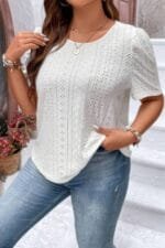 Plus Size Solid Hollow Out Puff Sleeves Shirt