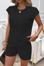 Two Pieces Solid Round Neck Cap Sleeve Loose Set