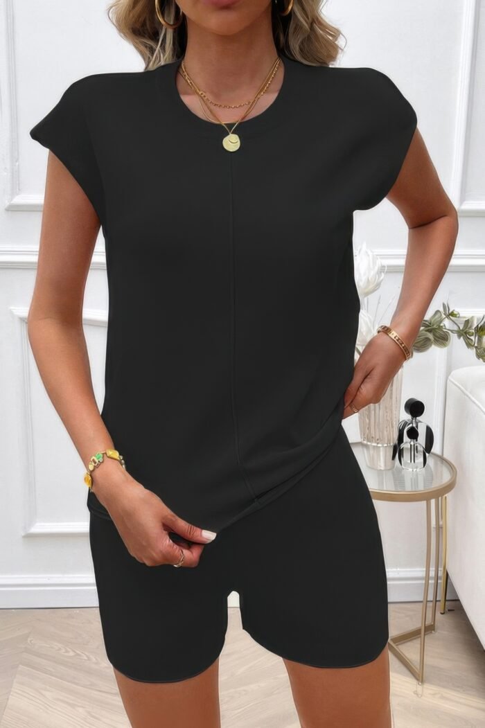 Two Pieces Solid Round Neck Cap Sleeve Loose Set - Image 2
