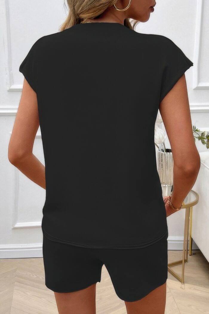 Two Pieces Solid Round Neck Cap Sleeve Loose Set - Image 3