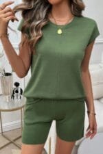 Two Pieces Solid Round Neck Cap Sleeve Loose Set