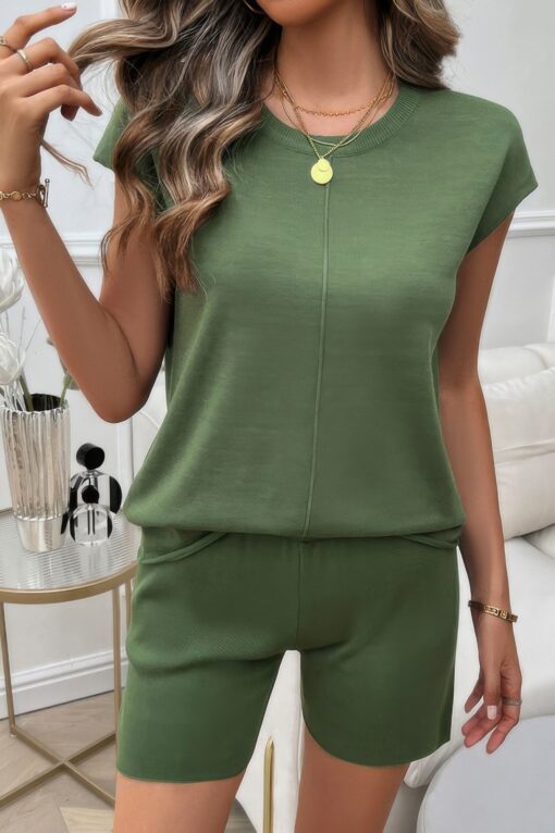 Two Pieces Solid Round Neck Cap Sleeve Loose Set - Image 9