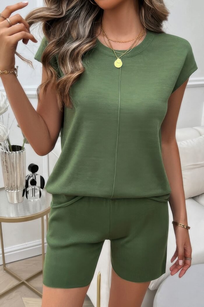 Two Pieces Solid Round Neck Cap Sleeve Loose Set - Image 9