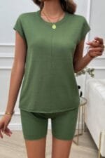 Two Pieces Solid Round Neck Cap Sleeve Loose Set