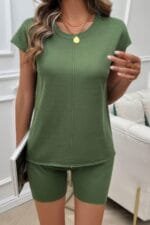 Two Pieces Solid Round Neck Cap Sleeve Loose Set