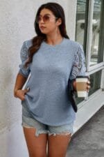 Plus Size Knit Color Block Lace Solid Fit Shirt