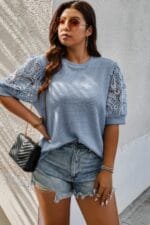 Plus Size Knit Color Block Lace Solid Fit Shirt