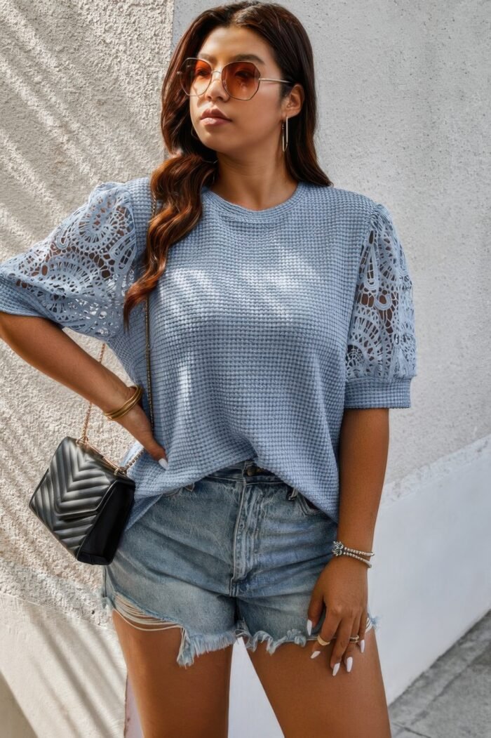 Plus size knit color block lace solid fit shirt - image 4
