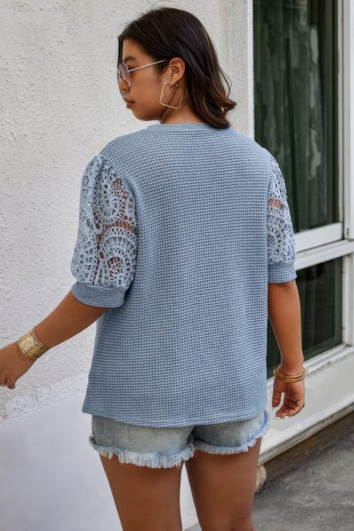 Plus size knit color block lace solid fit shirt - image 6