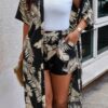 Plus Leaf Print Pockets Elastic Waist Shorts Sets