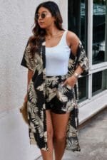 Plus Leaf Print Pockets Elastic Waist Shorts Sets