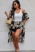 Plus Leaf Print Pockets Elastic Waist Shorts Sets