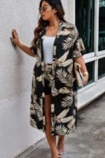 Plus Leaf Print Pockets Elastic Waist Shorts Sets