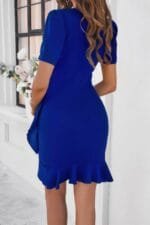 Round Neck Solid Wrap Bodycon Ruffle Hem Dress