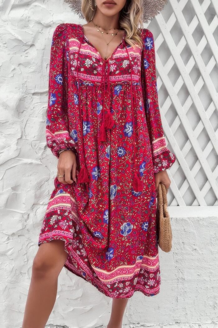 Cross knot floral print loose fit v neck dress - image 1