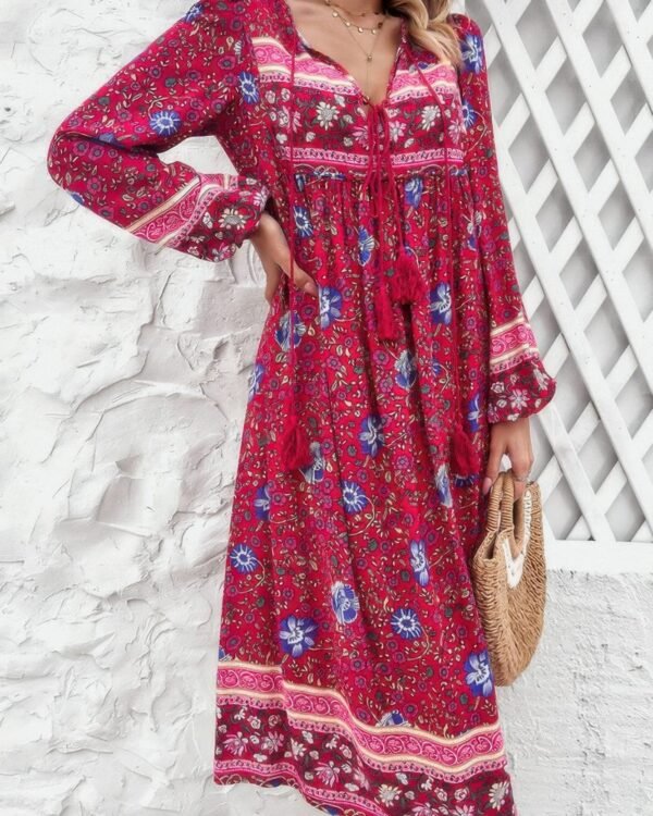 Cross Knot Floral Print Loose Fit V Neck Dress