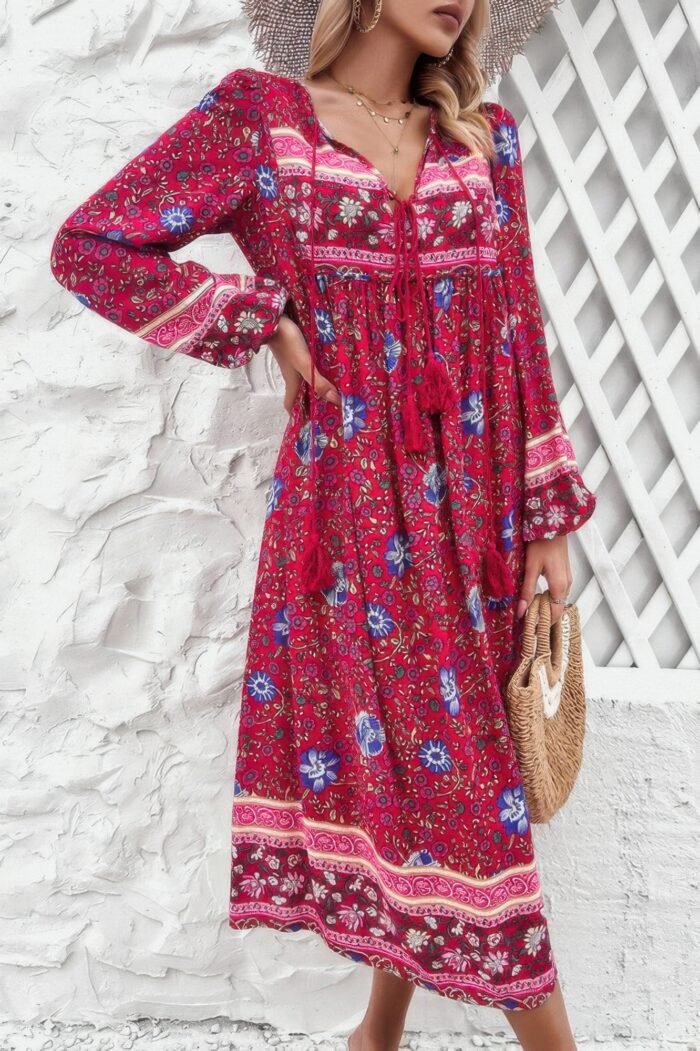 Cross knot floral print loose fit v neck dress - image 2