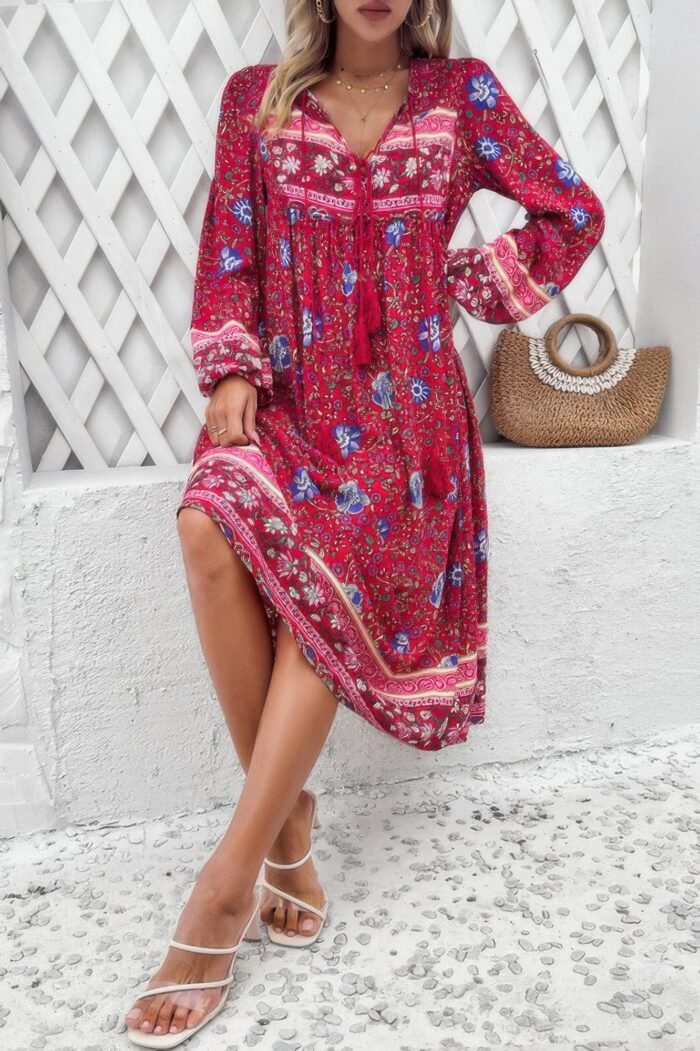 Cross knot floral print loose fit v neck dress - image 3