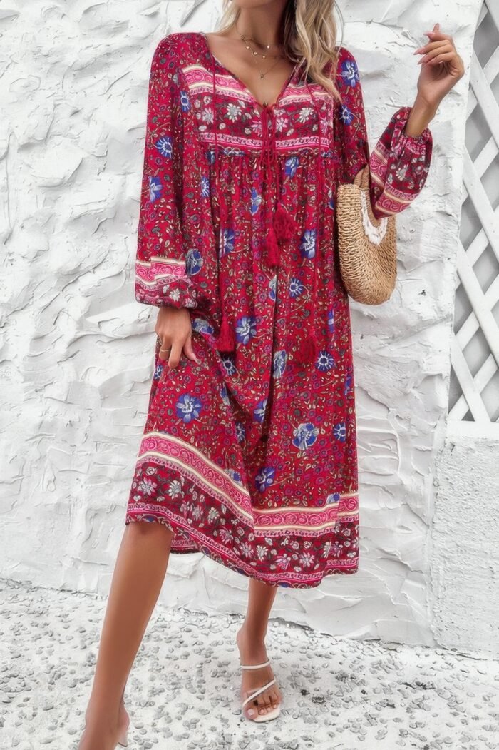 Cross knot floral print loose fit v neck dress - image 4