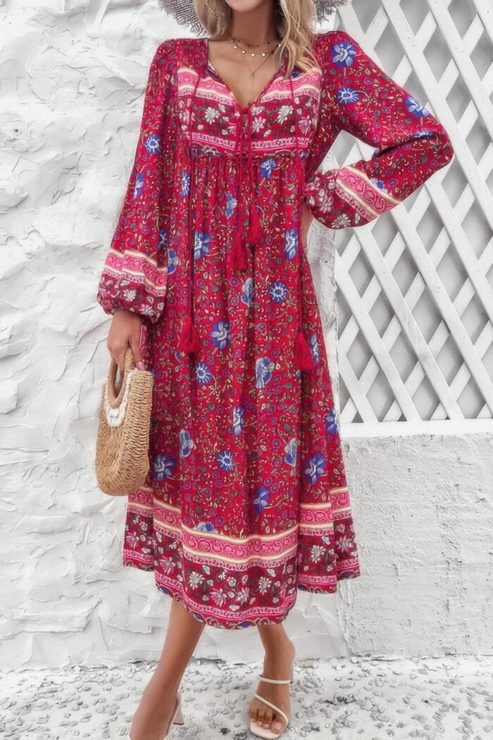 Cross knot floral print loose fit v neck dress - image 5