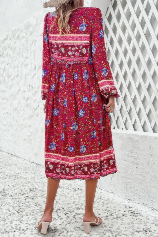 Cross Knot Floral Print Loose Fit V Neck Dress - Image 6