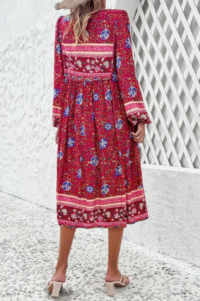 Cross knot floral print loose fit v neck dress - image 6