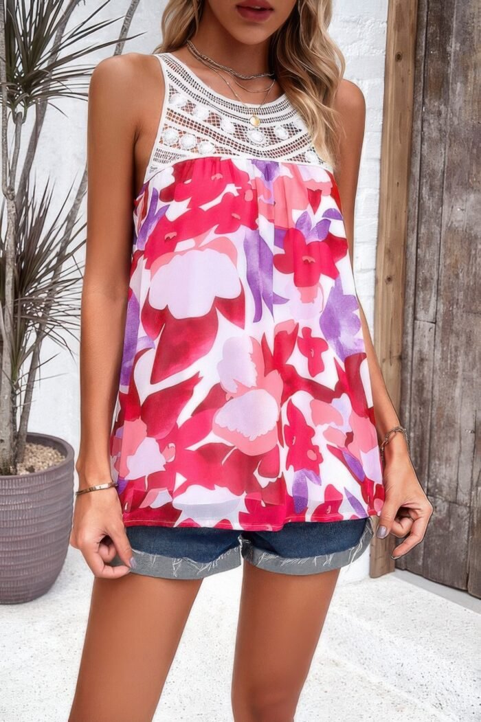 Floral print lace trim sleeveless loose pleated top - image 2