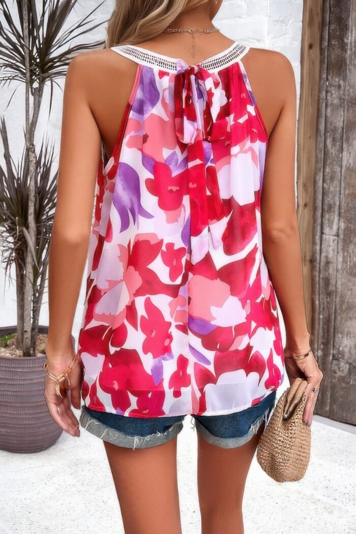 Floral print lace trim sleeveless loose pleated top - image 4