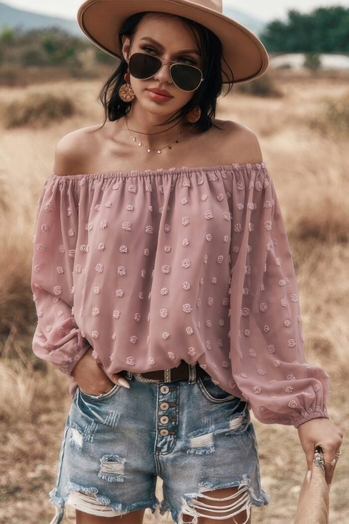 Off shoulder swiss dot long sleeve loose top - image 3