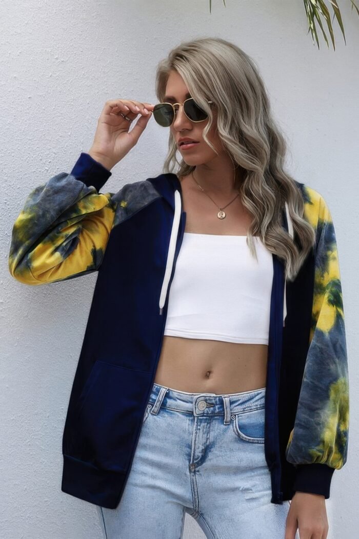 Tie dye full zip front open loose hoodie - image 1