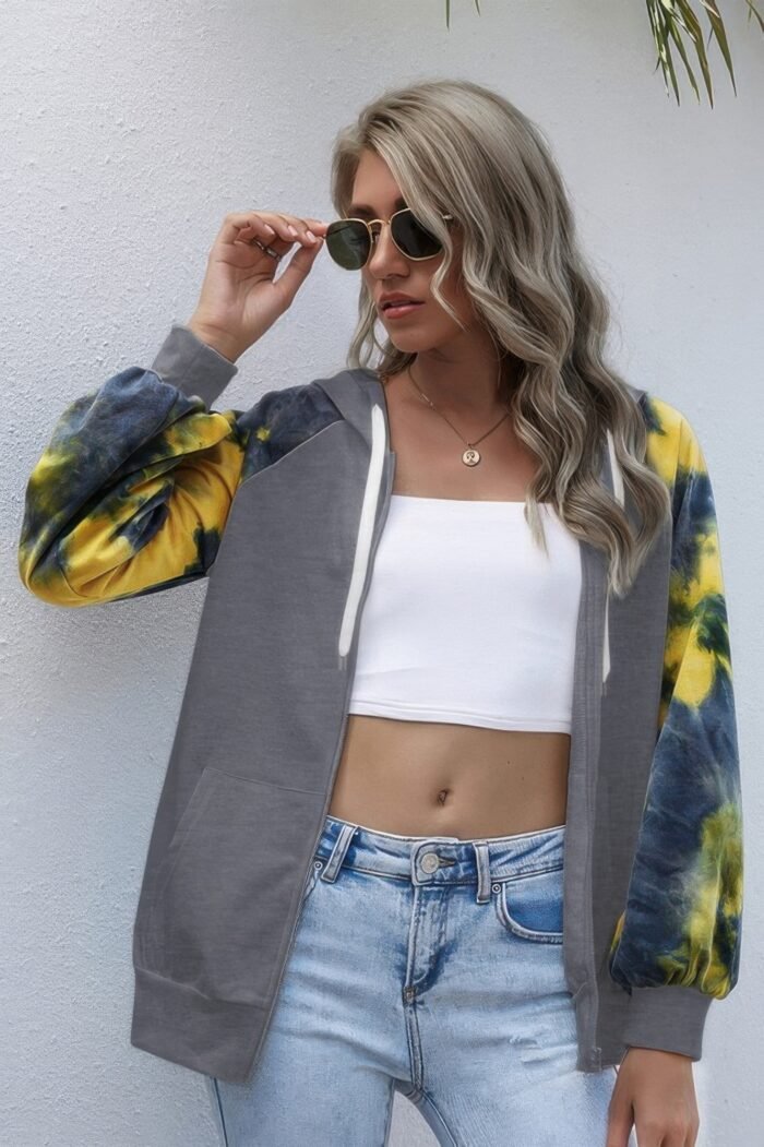 Tie dye full zip front open loose hoodie - image 4
