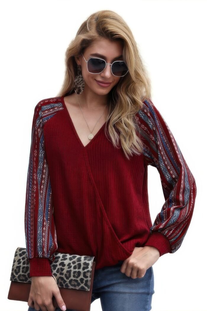 Color block deep v neck raglan sleeve wrap top - image 1