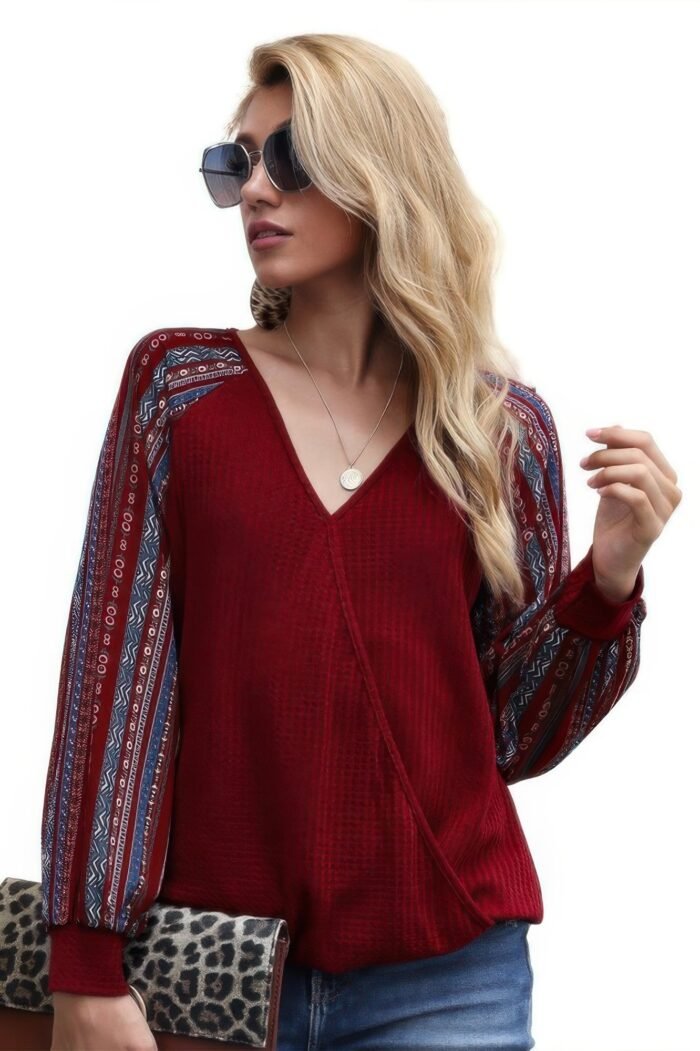 Color block deep v neck raglan sleeve wrap top - image 2