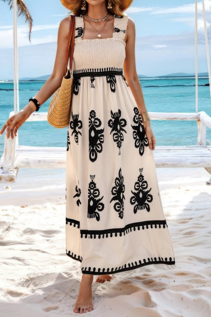 Sleeveless square neck a line smocked shirred dress - image 1
