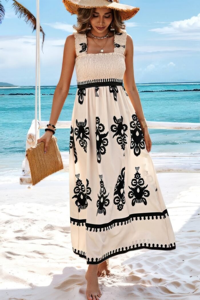 Sleeveless square neck a line smocked shirred dress - image 3