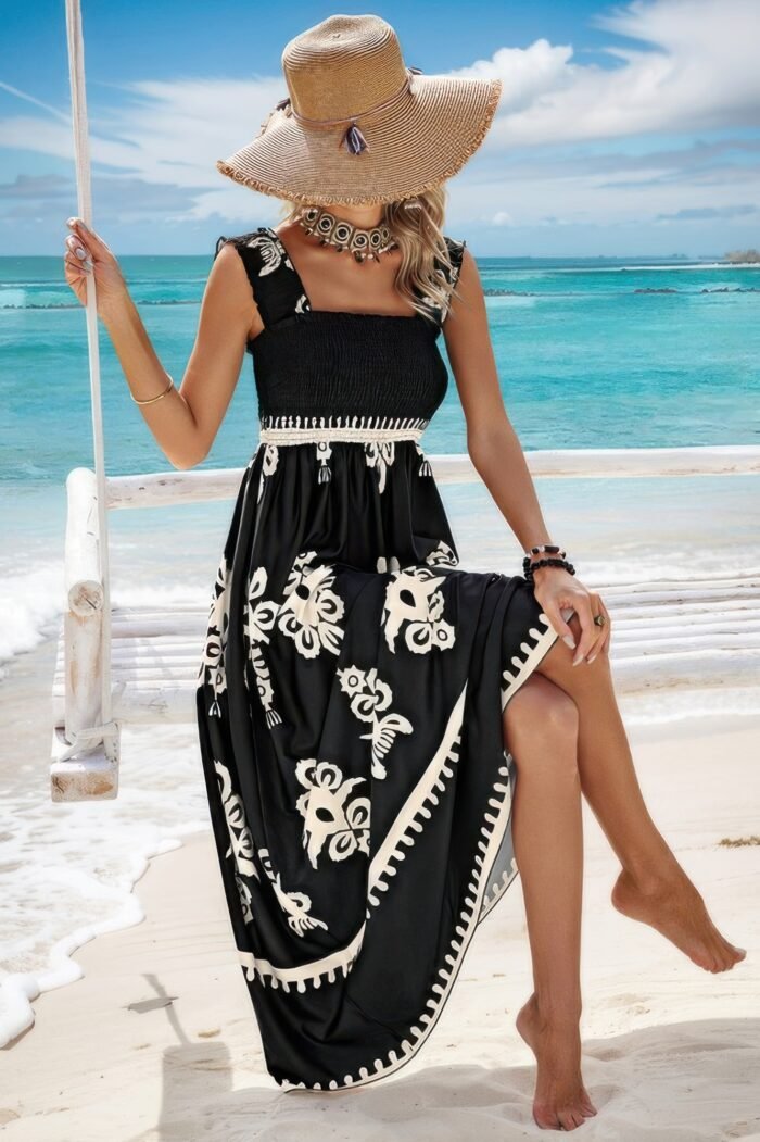 Sleeveless square neck a line smocked shirred dress - image 5