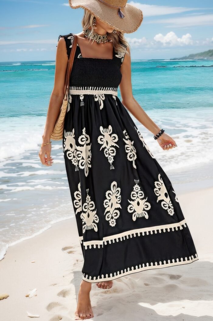 Sleeveless square neck a line smocked shirred dress - image 6