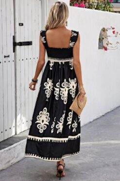 Sleeveless Square Neck A Line Smocked Shirred Dress