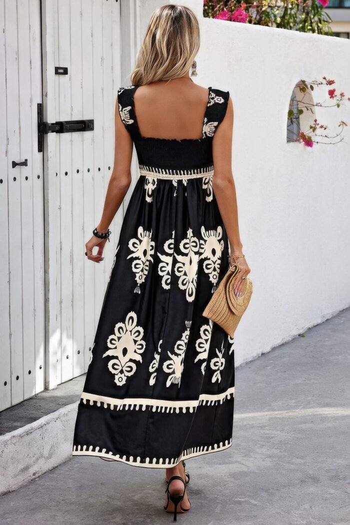 Sleeveless square neck a line smocked shirred dress - image 7