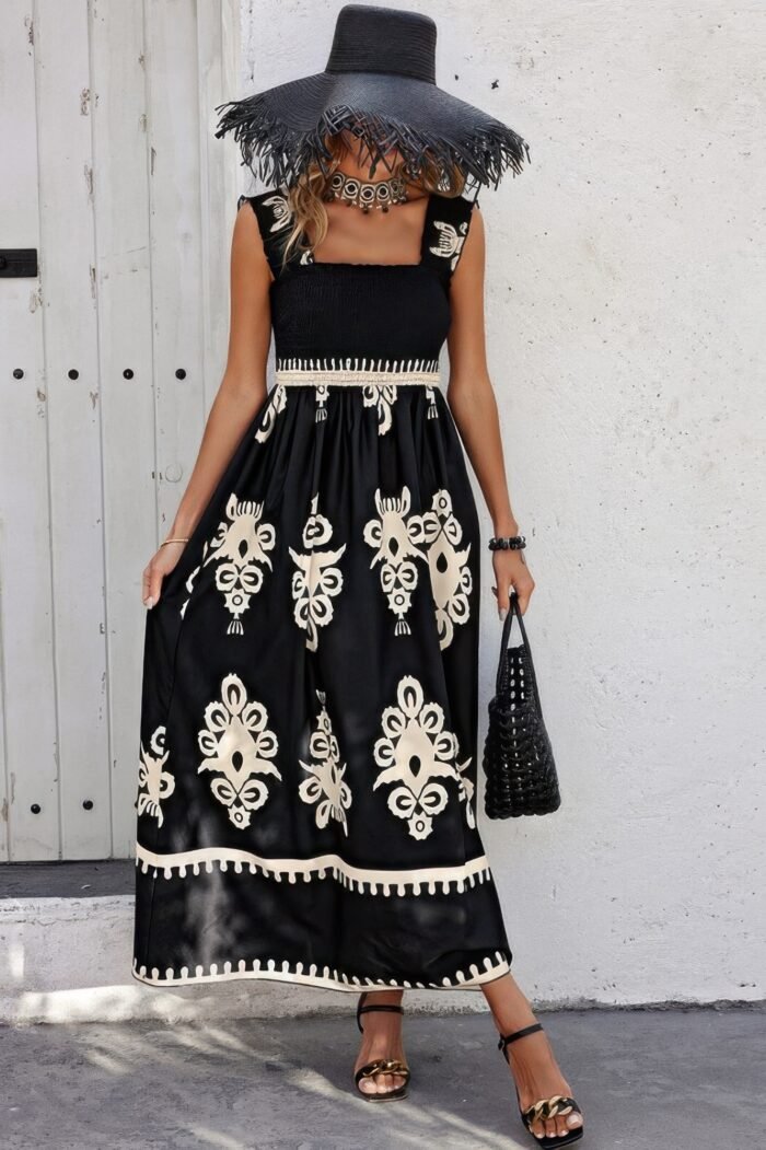 Sleeveless square neck a line smocked shirred dress - image 9