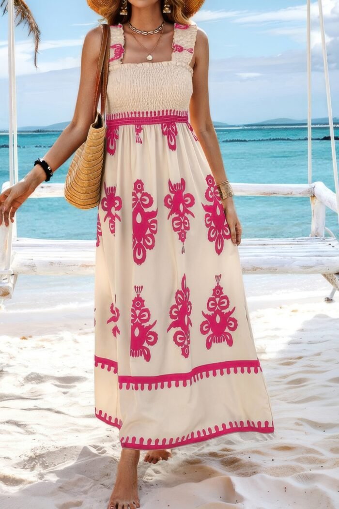 Sleeveless square neck a line smocked shirred dress - image 10