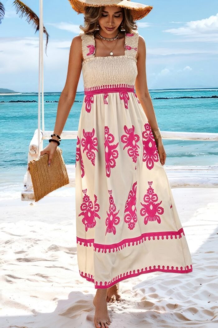 Sleeveless square neck a line smocked shirred dress - image 12