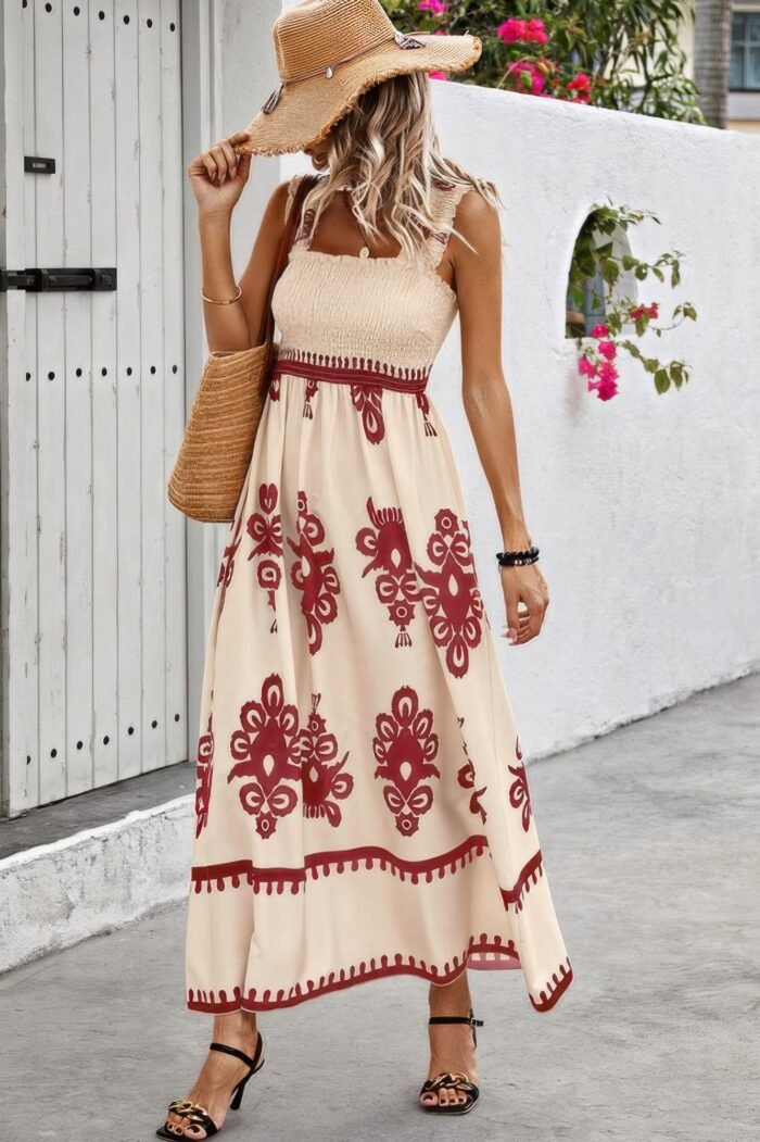 Sleeveless square neck a line smocked shirred dress - image 14