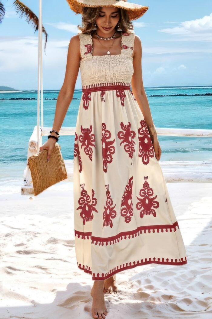 Sleeveless square neck a line smocked shirred dress - image 15