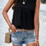 Lace Trim Solid Ruched Sleeveless Swiss Dot Top