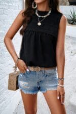 Lace Trim Solid Ruched Sleeveless Swiss Dot Top