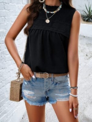 Lace Trim Solid Ruched Sleeveless Swiss Dot Top