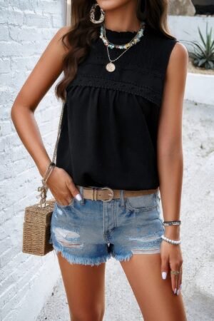 Lace Trim Solid Ruched Sleeveless Swiss Dot Top