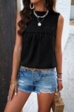 Lace Trim Solid Ruched Sleeveless Swiss Dot Top