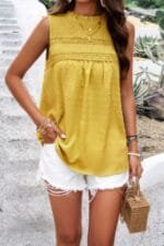 Lace Trim Solid Ruched Sleeveless Swiss Dot Top